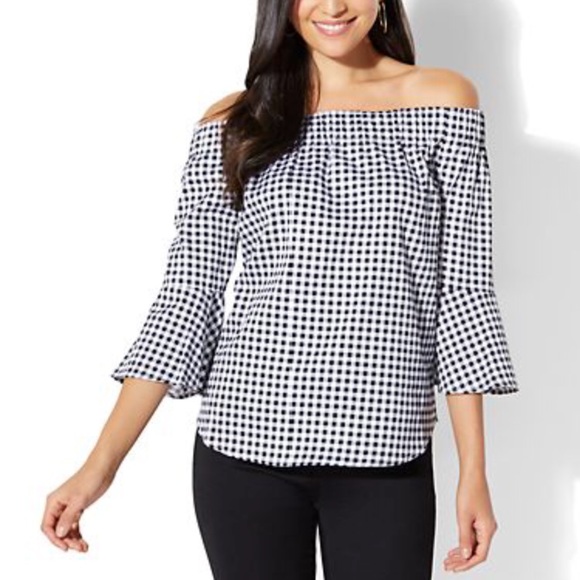 New York & Company Tops - Gingham Bell Sleeve Off the Shoulder Blouse